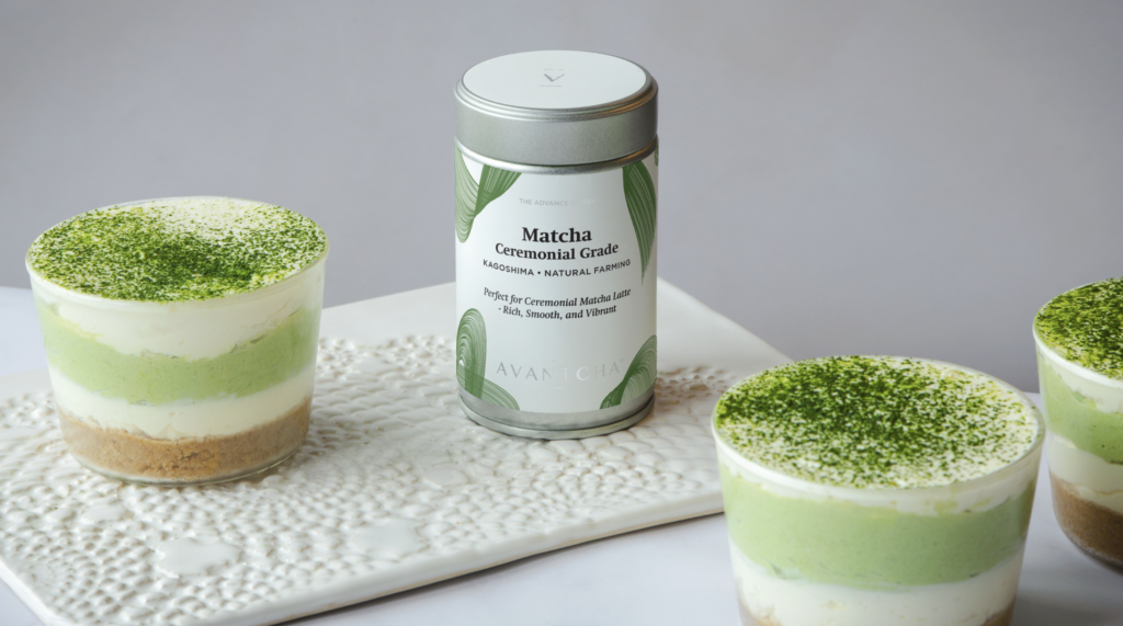 Layered Matcha Cheesecake with Matcha tin